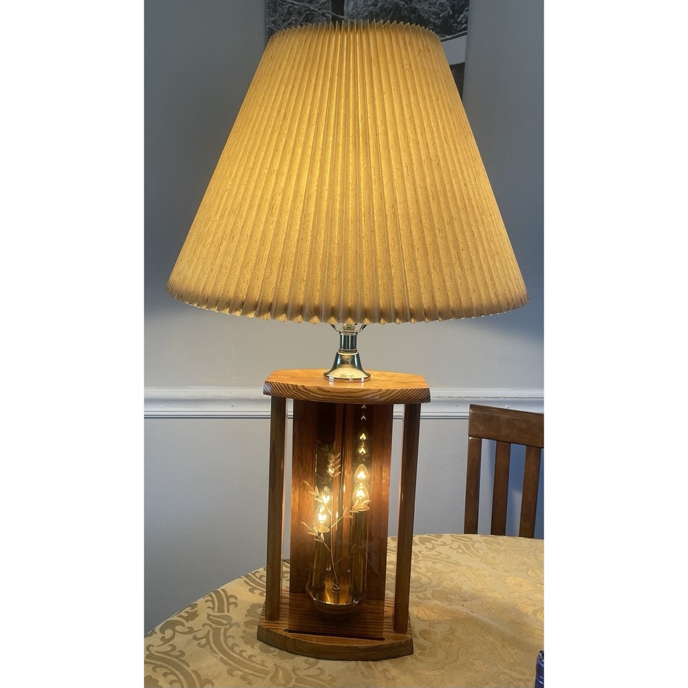 Vtg Mid-Century Don Ward Table Lamp Etched Smoked Glass Panel Oak Wood Brass